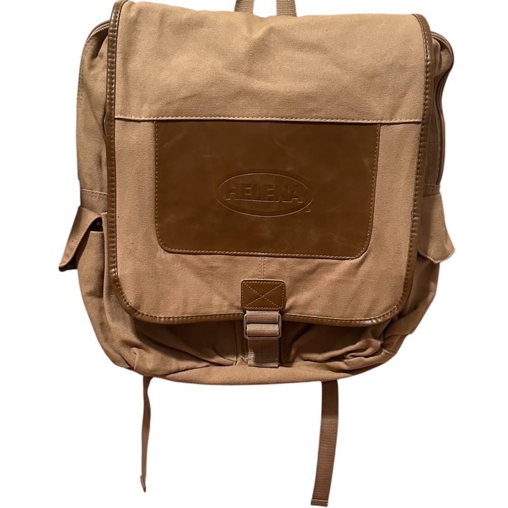 Field & Co. Leeds Canvas Retro Backpack with Helena logo. Tan and Brown.